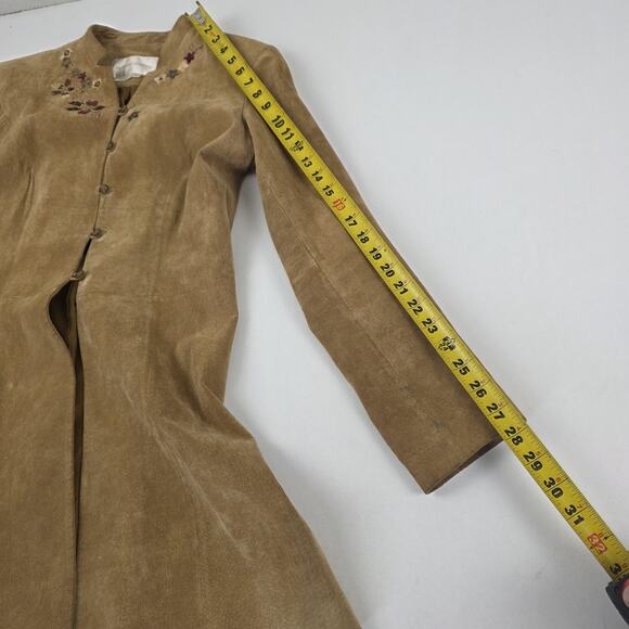 Margaret Godfrey Coat Womens 6 Tan Suede Leather Embroidered Floral Button Lined - Picture 7 of 11